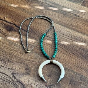 Betsy Pittard long metallic  and Turquoise Crescent Necklace